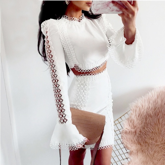 Violet Runway Dresses & Skirts - White Lace Crochet 2 Piece Coord Set Blouse Skirt